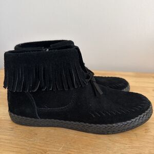 Ugg Boots Womens Size 6 Kennadi Black Suede Wool Fringe Side Zip Bootie